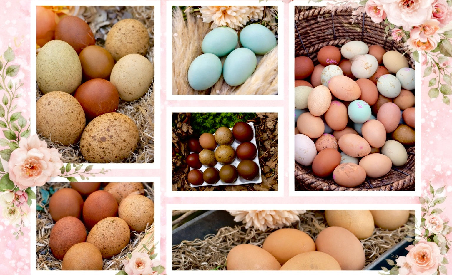 Collage of blue, brown, green, speckled eggs and also a basket of eggs. 