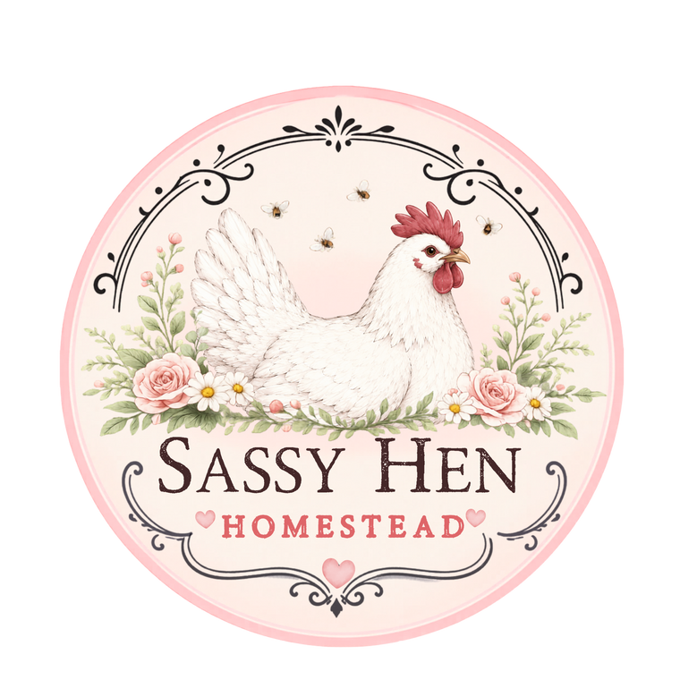 Sassy hen homestead logo with a white hen sitting  in a bed of roses