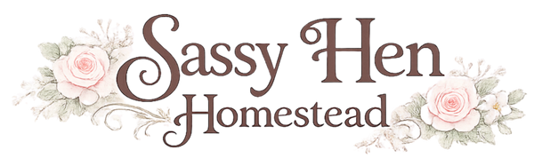 Logo for Sassy Hen Homestead with floral elements on a white background